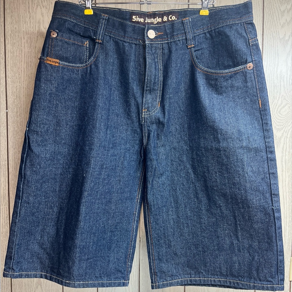 5ive Jungle Jean Shorts 38 Men’s Baggy Y2K Hip Hop Embroidered Blue